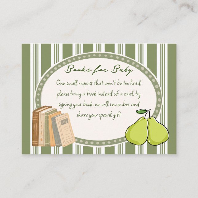 Pear sage green retro baby shower book request enclosure card (Front)