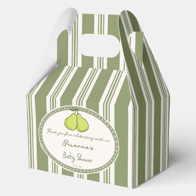 Pear sage green retro stripes baby shower custom favour box (Front)