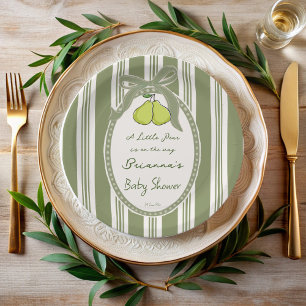 Pear sage green retro stripes baby shower custom paper plate