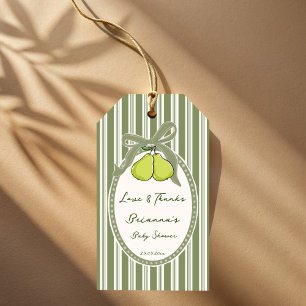 Pear sage green retro stripes baby shower favour gift tags
