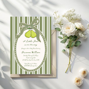 Pear sage green retro stripes baby shower invitation