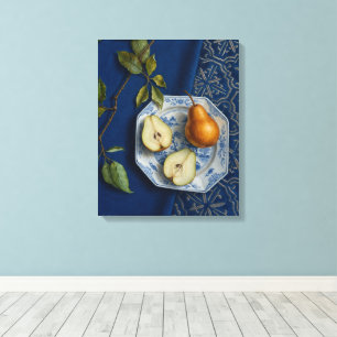 Pear Still Life Blue Textile Oil Painting Canvas Print