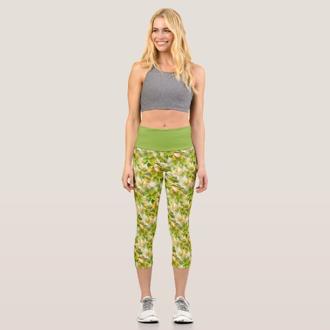 Pear Tree Branches & Pears Pattern  Capri Leggings (Front)