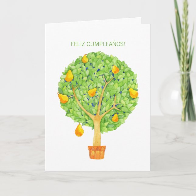 Pear Tree Feliz Cumpleaños Spanish Birthday Card (Front)
