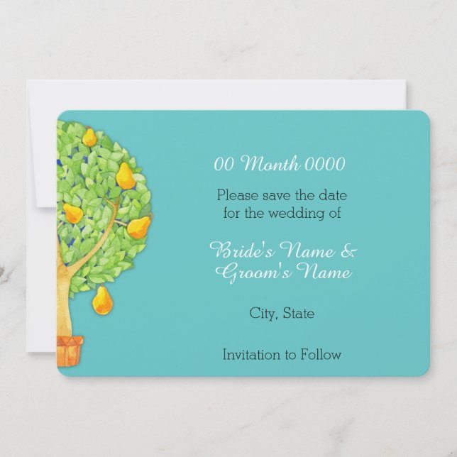Pear Tree teal Save the Date Card (Front)