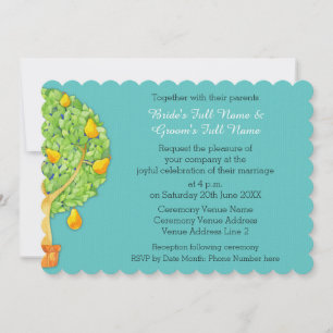 Pear Tree teal Scalloped 5x7" Wedding Invitation
