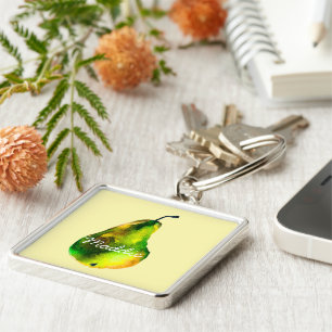 Pear watercolor green fruit key ring