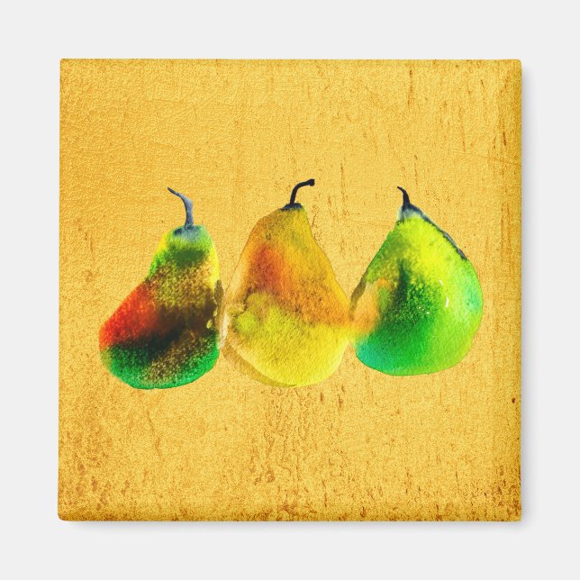 Pear watercolor green fruit magnet (Front)
