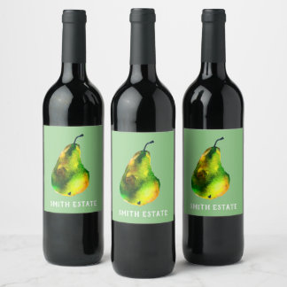 Pear watercolor green fruit wine label