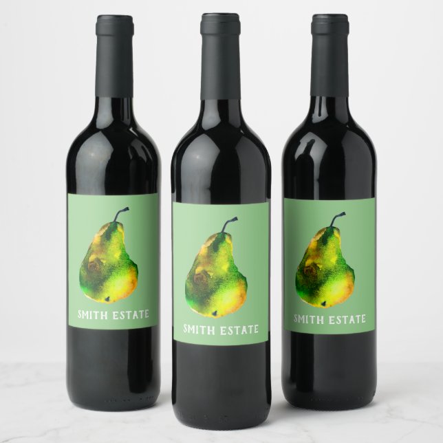Pear watercolor green fruit wine label (Bottles)