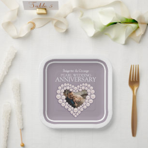 Pearl 30th Wedding Anniversary photo heart Paper Plate