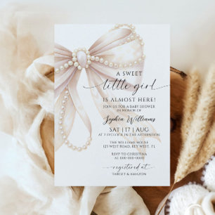Pearl and Bow Sweet Little Girl Baby Shower Invitation