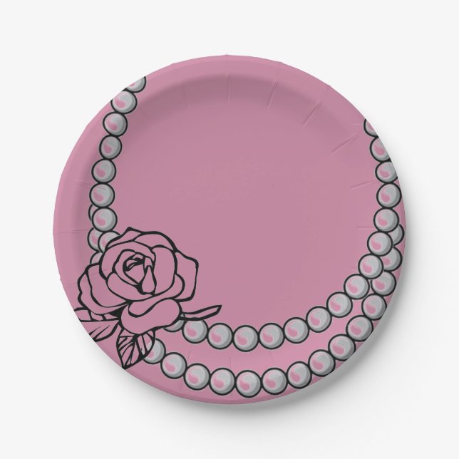 Pearl and Rose Necklace Paper Plate (Front)