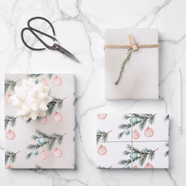 Pearl Aqua Pink Christmas Tree Branch Ornaments Wrapping Paper Sheet (Front)