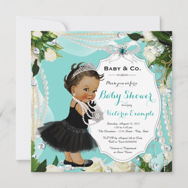 Pearl Baby & Co Black Teal Ethnic Baby Girl Shower Invitation (Front)