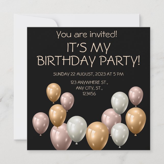 Pearl Balloons. Elegant birthday  Invitation (Front)