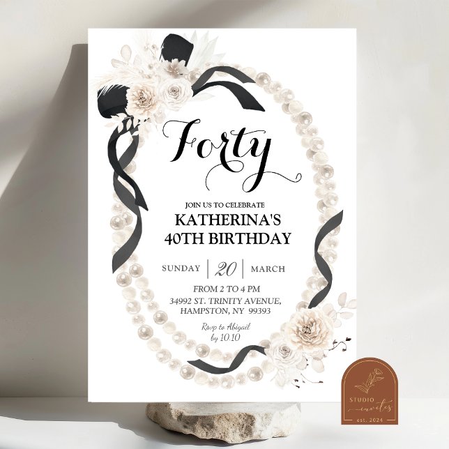 Pearl Black Bow Boho Birthday Party Invitation (Creator Uploaded)