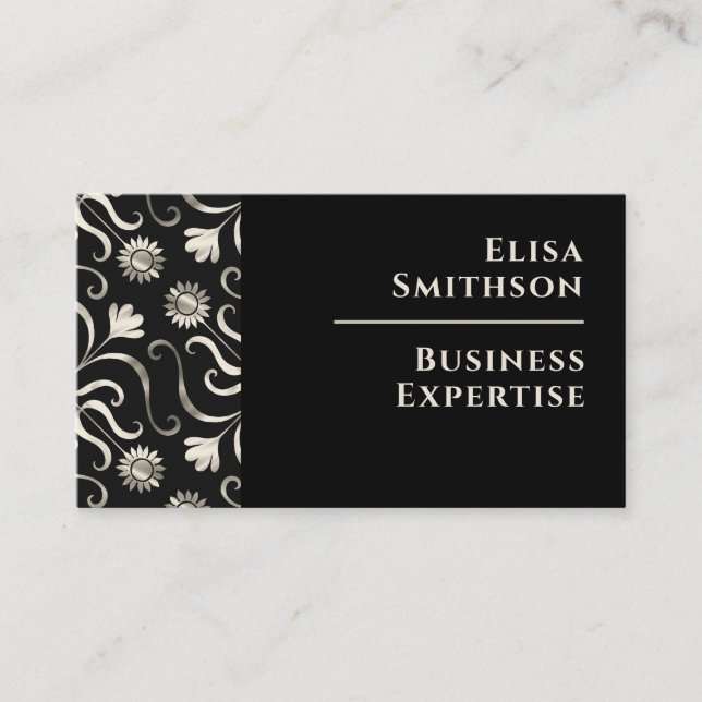 Pearl & Black Floral Damask Elegant Silver Pattern Business Card (Front)