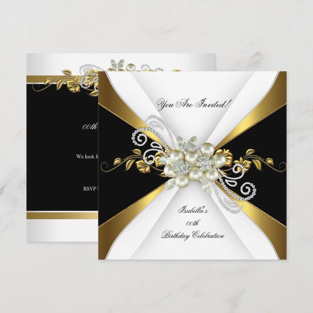 Pearl Black Gold Silver Diamond Birthday Party 3 Invitation (Front/Back)
