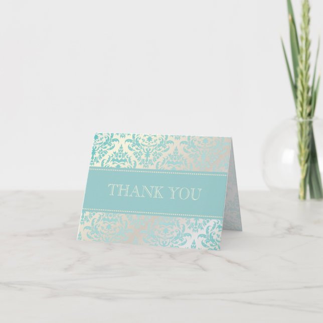 Pearl + Blue Damask Thank You Note Cards (Front)