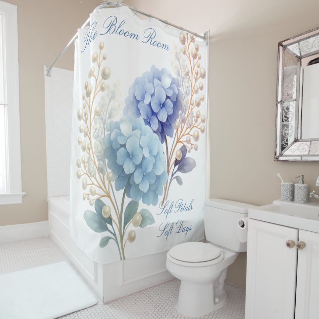 Pearl Blush Powder Blue Hydrangea Watercolor Shower Curtain (In Situ)