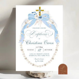 Pearl Boho Blue Floral Boy Baptism Invitation
