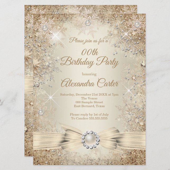 Pearl Bow Beige Cream Gold Snowflake Birthday Invitation (Front/Back)