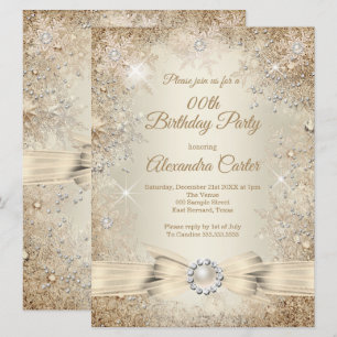 Pearl Bow Beige Cream Gold Snowflake Birthday Invitation