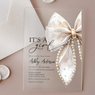 Pearl Bow Its a Girl Baby Shower Acrylic Invitations