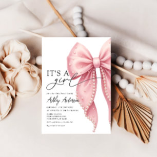 Pearl Bow Its a Girl Pink Baby Shower Invitation