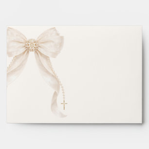 Pearl Bow Ivory Gold Cross Baptism Envelope