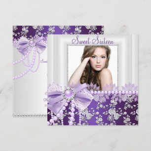 Pearl Bow & Lace Purple Photo Sweet 16 Invitation