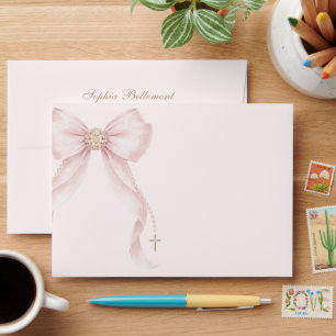 Pearl Bow Pink Gold Cross Baptism Envelope