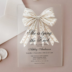 Pearl Bow She's Tying the Knot Bridal Shower Acrylic Invitations