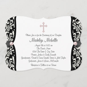 Pearl Cross Pink Black Damask Christening Invitation