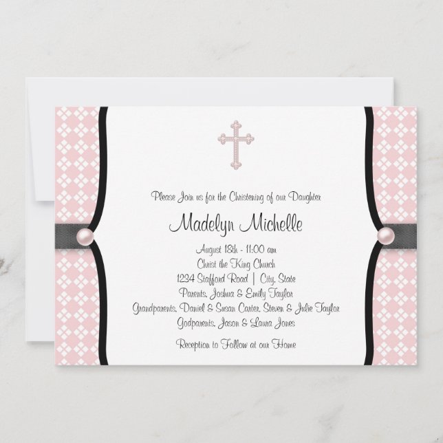 Pearl Cross Pink Black Damask Christening Invitation (Front)