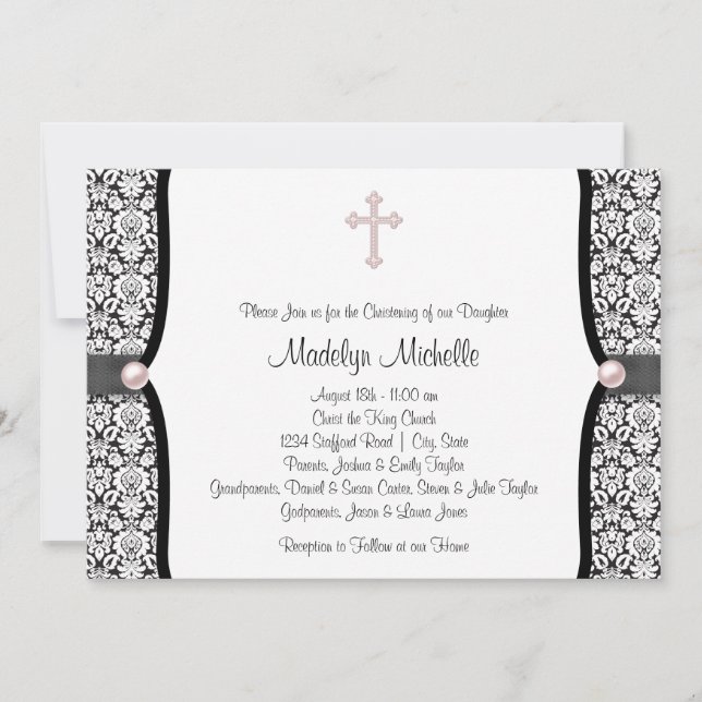 Pearl Cross Pink Black Damask Christening Invitation (Front)