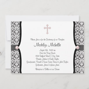 Pearl Cross Pink Black Damask Christening Invitation