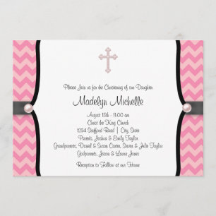 Pearl Cross Pink Chevron Christening Invitation
