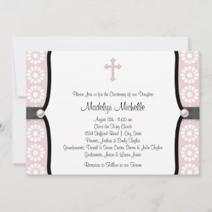 Pearl Cross Pink Flower Christening Invitation