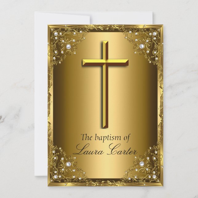 Pearl Damask & Cross Baptism/Christening Gold Invitation (Front)