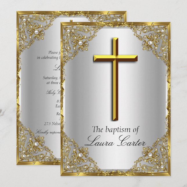 Pearl Damask Cross Baptism Silver Gold Invitation (Front/Back)