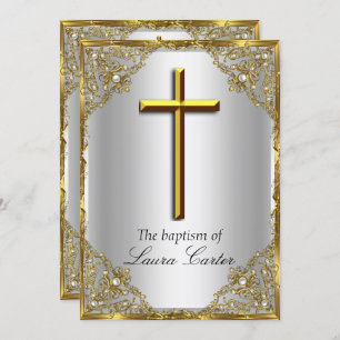 Pearl Damask Cross Baptism Silver Gold Invitation
