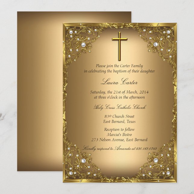 Pearl Damask Cross Gold Baptism/Christening Invitation (Front/Back)
