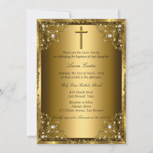 Pearl Damask & Cross Gold Baptism Invitation