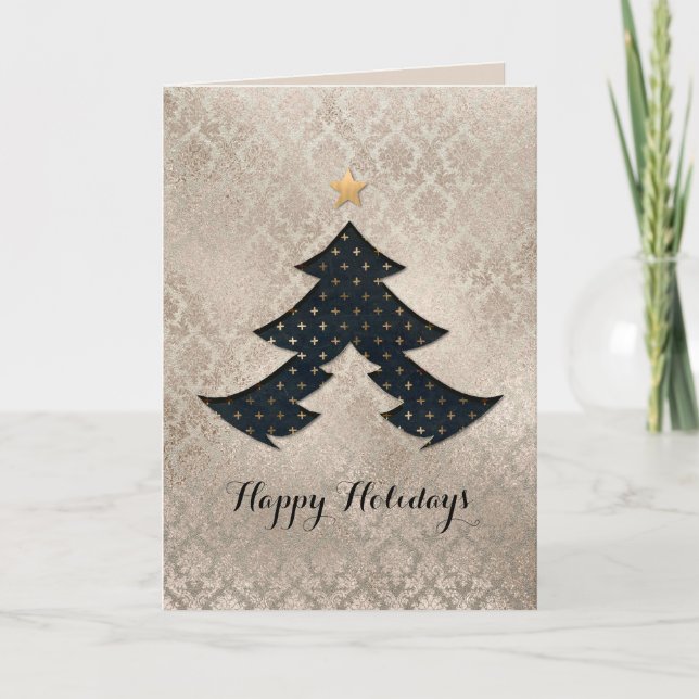 Pearl Damask Modern Christmas Tree Card (Front)