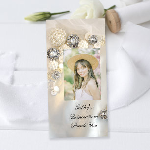 Pearl Diamond Buttons Quineañera Thank You Card
