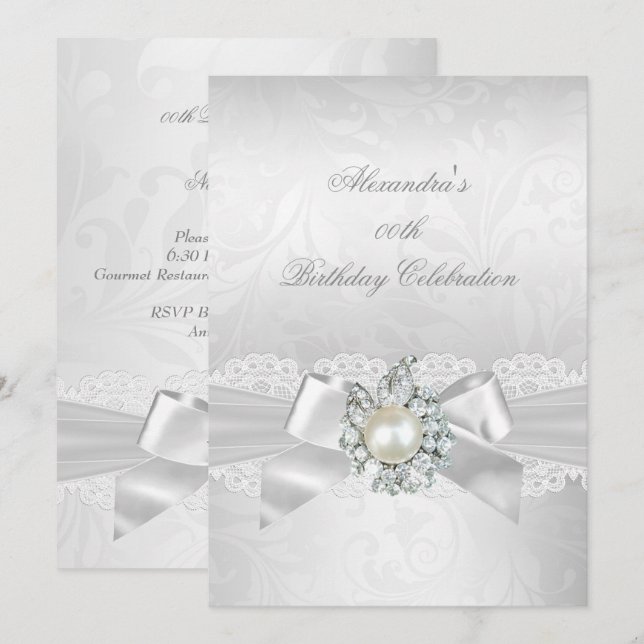 Pearl Diamond Lace White Bow Damask Silver Party Invitation (Front/Back)