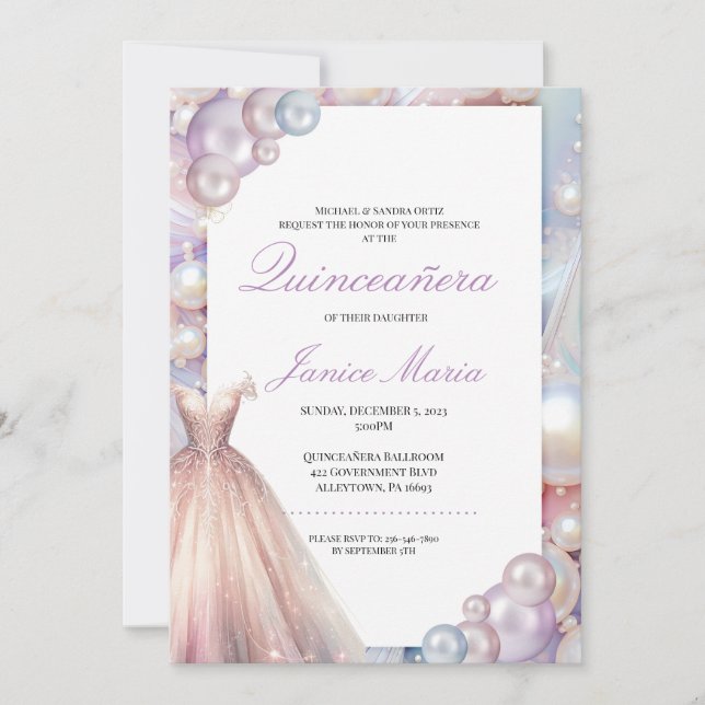 Pearl Dream pink purple Quinceañera Invitation (Front)