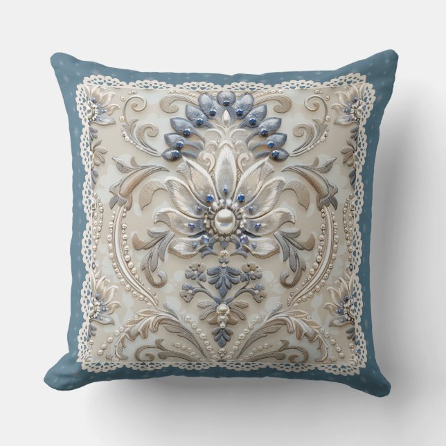 Pearl Elegance: Crystal Embroidered Pattern Throw  Cushion (Front)